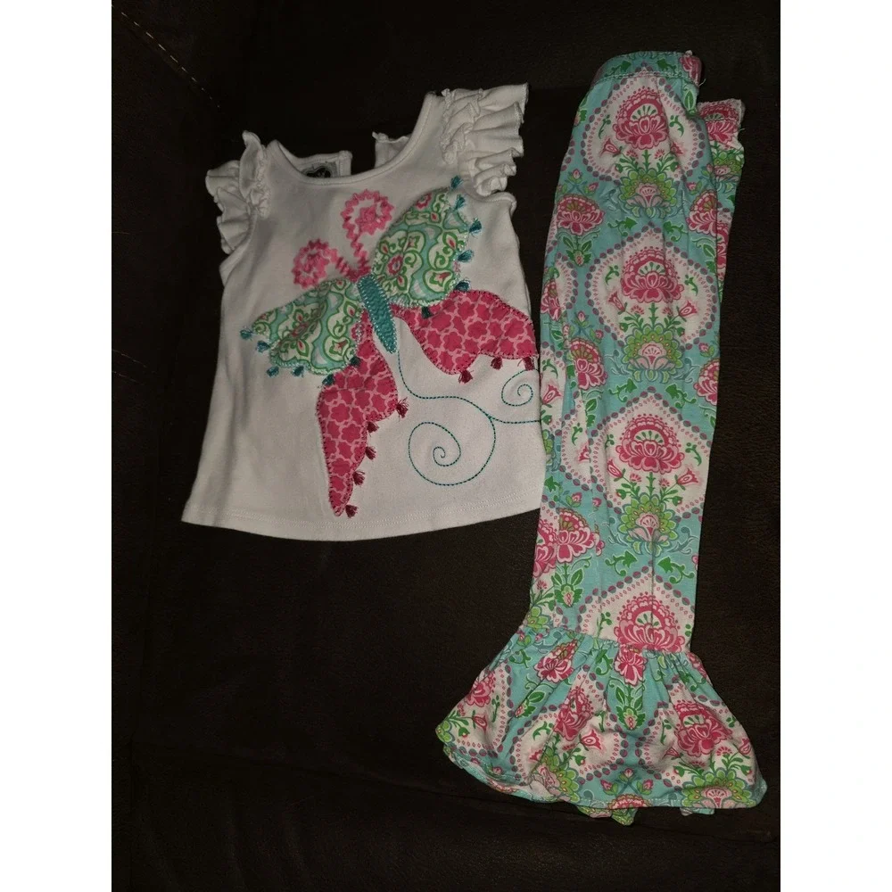 Mud‎ pie butterfly spring outfit top and flared leggings size 3t